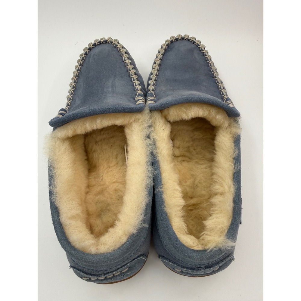 LL Bean Wicked Good Moccasins Blue Suede Shearling Slippers Women 9 501939 - Picture 5 of 8